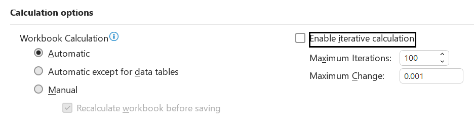 Calculation options pada pengaturan formula Excel.