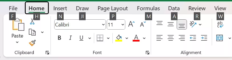KeyTips ketika menekan kunci Alt di Excel.