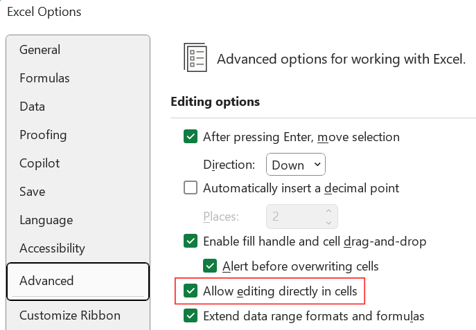 Pengaturan agar bisa edit cell tanpa harus menuju Formula bar.