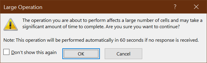 Peringatan Large Operation pada Excel.