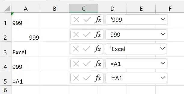 Penggunaan apostrof pada entri Excel.
