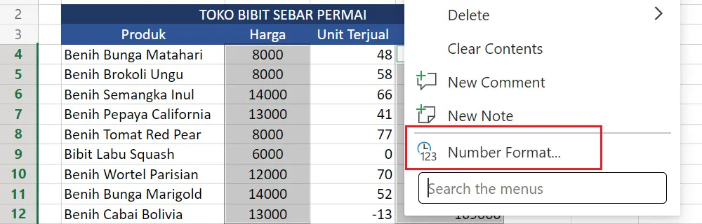 Format Cells atau Number Format pada menu konteks Excel.