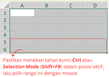 Menghapus pilihan cell dari range di Excel.