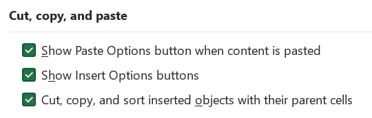 Pengaturan Cut, copy, and paste di Pengaturan Advanced Excel.