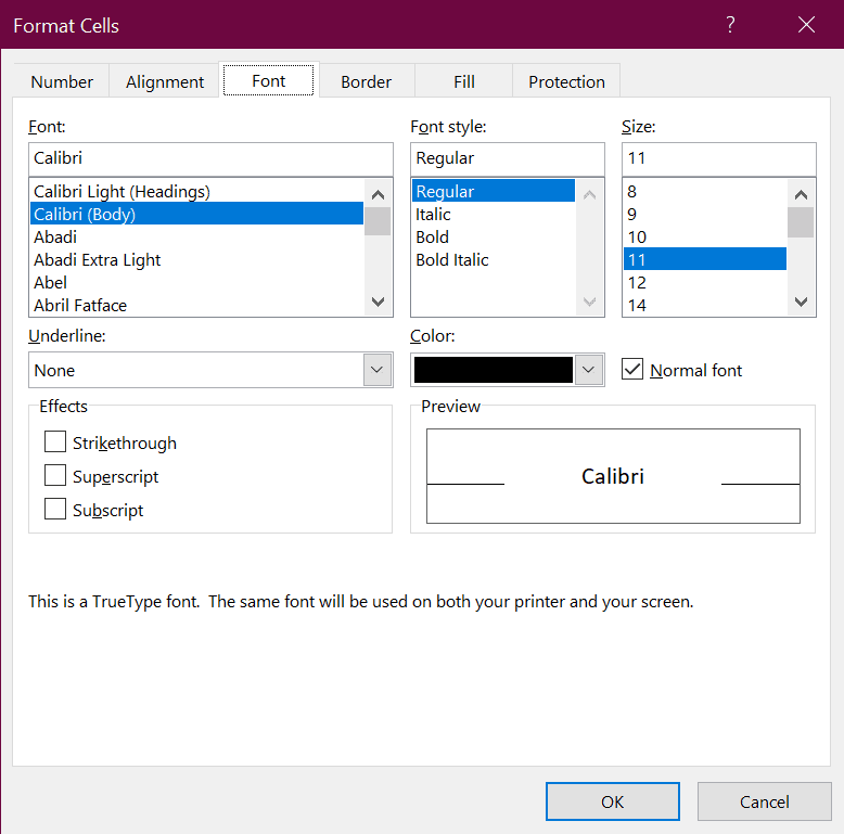 Tab Font di Format Cells.
