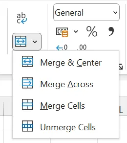 Perintah-perintah di Ribbon untuk Merge Cells.