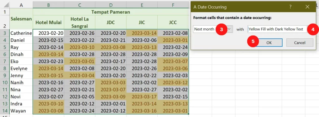 Pengaturan siap pakai conditional formatting untuk tanggal.