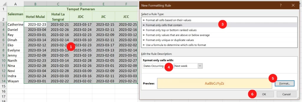 Pengaturan conditional formatting custom untuk tanggal.