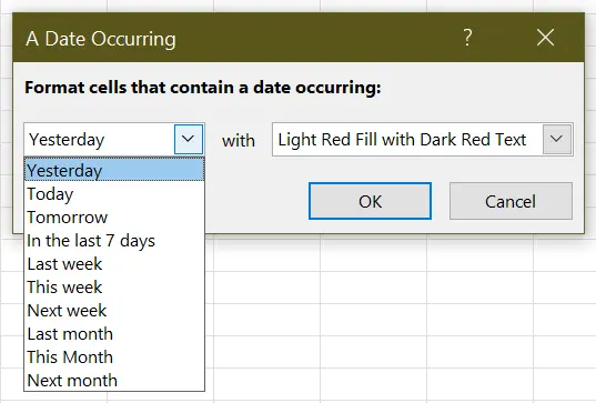 Aturan-aturan conditional formatting untuk tanggal.