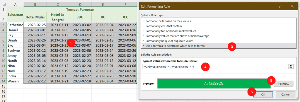 Menggunakan fungsi WEEKDAY mencari akhir pekan dengan conditional formatting formula untuk tanggal.