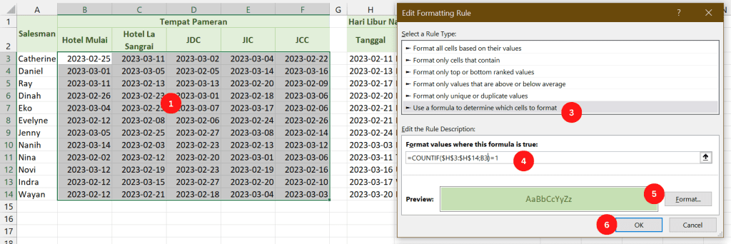 Formula conditional formatting untuk tanggal menggunakan fungsi COUNTIF.