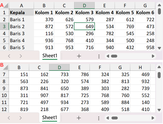 Header tidak tampak setelah scrolling tanpa Freeze Panes.