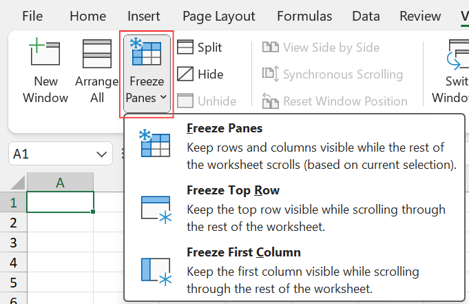 Perintah-perintah pembekuan berada di tab View Ribbon.