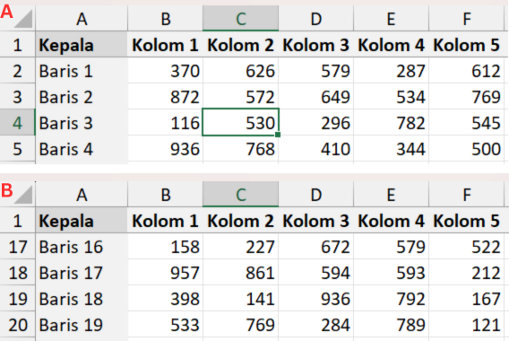 Hasil membekukan baris teratas dengan Freeze Top Row.