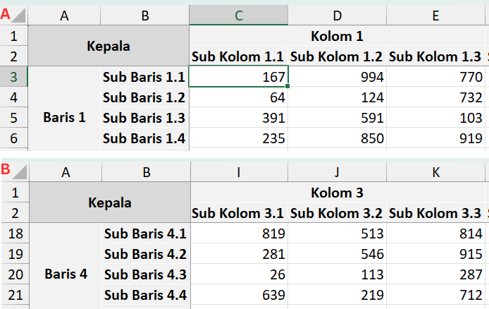 Cara membekukan beberapa baris dan kolom di Excel sekaligus.