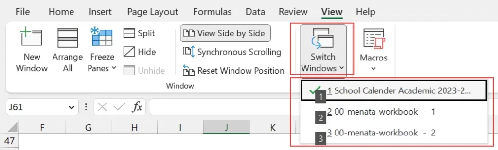 Gambar 02. Cara pindah antar file atau jendela pada Microsoft Excel.
