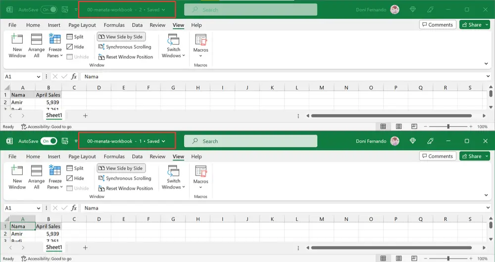 Gambar 04. Menampilkan dua sheet Excel atau lebih dalam satu layar.