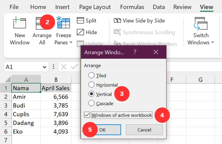Gambar 05. Menampilkan dua sheet Excel atau lebih dalam satu layar dengan Arrange All.
