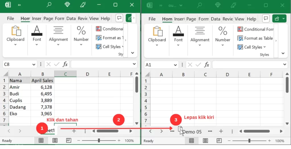 Gambar 10. Copy sheet Excel ke workbook lain dengan drag and drop.