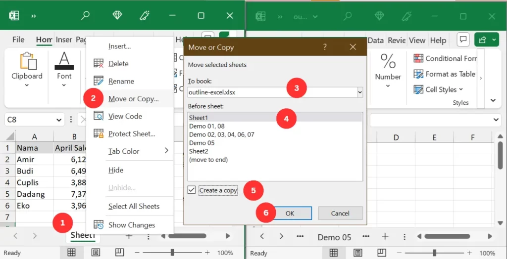 Gambar 11. Copy sheet Excel ke workbook lain dengan Move or Copy.