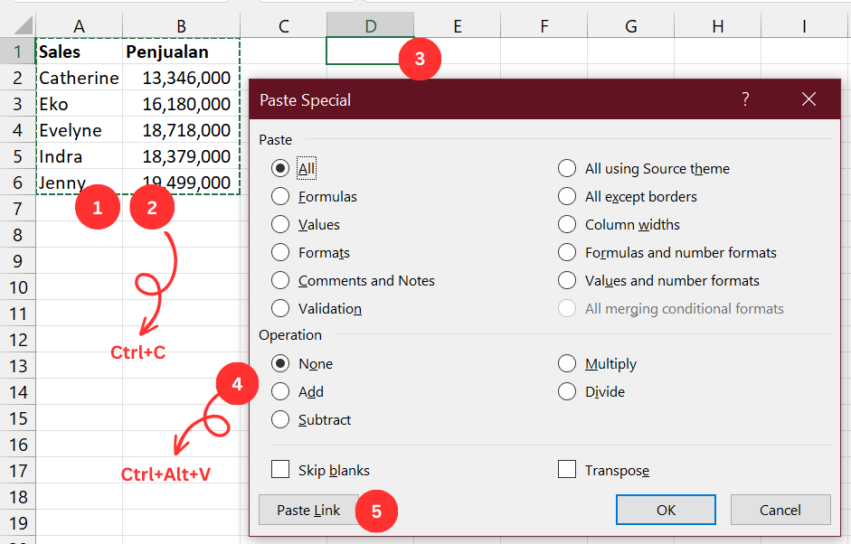 Gambar 04. Rumus link dengan command Paste Link.