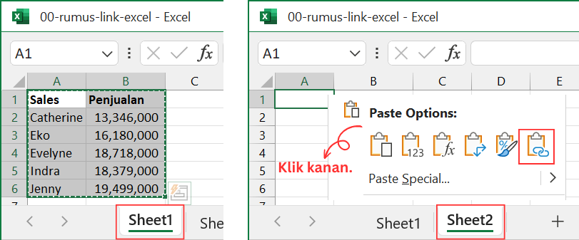 Gambar 09. Rumus link antar sheet dengan Paste Link.