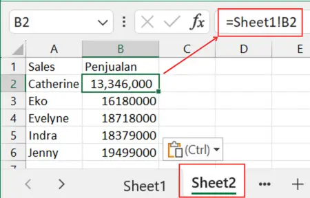 Gambar 10. Hasil rumus link antar sheet dengan Paste Link.
