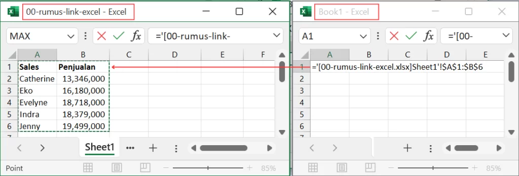 Gambar 11. Rumus link antar workbook dengan rumus.