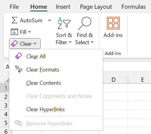 Gambar 01. Perintah-perintah Clear di Excel.