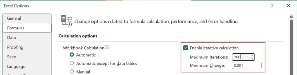 Gambar 10. Mengaktifkan fitur Enable iterative calculation.