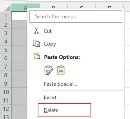 Gambar 11. Cara menghapus kolom di Excel dengan perintah Delete di menu konteks.