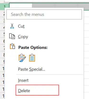 Gambar 11. Cara menghapus baris di Excel dengan perintah Delete di menu konteks.