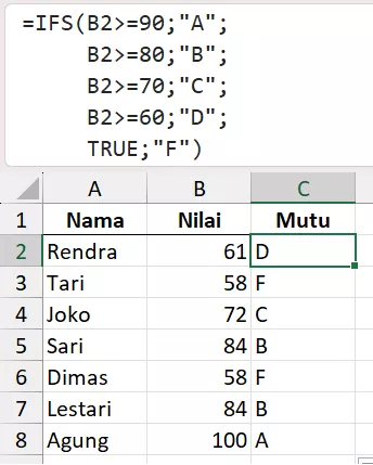 Rumus IFS menggantikan IF bertingkat.