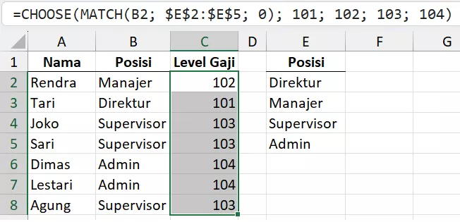 Kombinasi CHOOSE dan MATCH untuk menggantikan IF bertingkat.