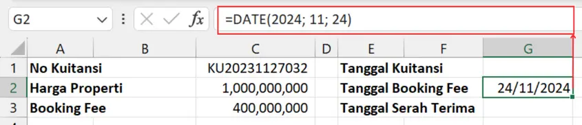 Gambar 02. Menggunakan fungsi DATE di Excel.