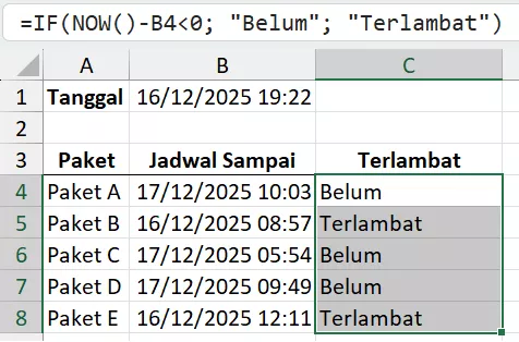 Menandai keterlambatan pengiriman dengan rumus NOW.