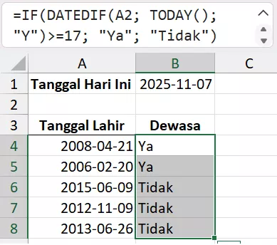 Menentukan kelompok usia dengan kombinasi TODAY, IF, dan DATEDIF.