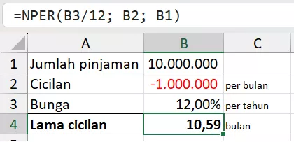 Menghitung lama cicilan pinjaman dengan rumus NPER Excel.