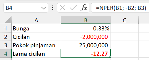 Gambar 02. Penggunaan fungsi NPER Excel untuk menghitung cicilan bulanan.