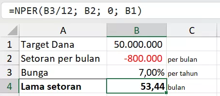 Menghitung lama menabung untuk mencapai nilai uang tertentu di Excel.