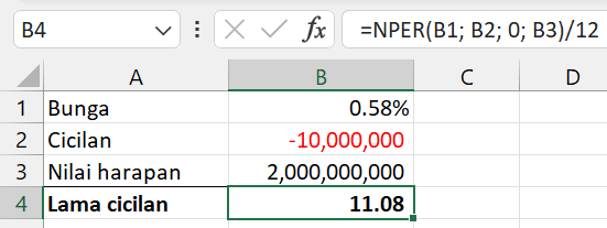 Gambar 03.Menggunakan fungsi NPER Excel untuk menghitung investasi.
