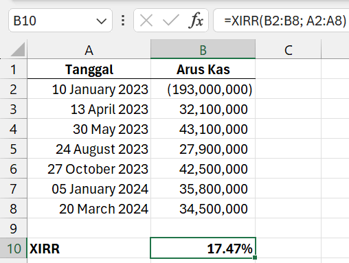 Gambar 01. Rumus standar XIRR di Excel.