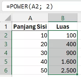 Rumus POWER untuk menghitung luas bujur sangkar.