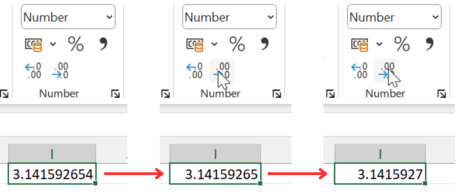 Pembulatan dengan perintah Increase Decimal dan Decrease Decimal.