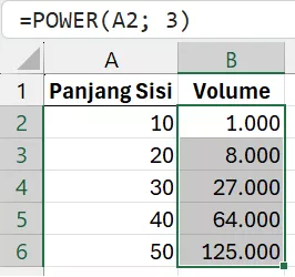 Menggunakan POWER untuk menghitung volume kubus.