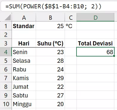Menggunakan rumus POWER untuk menghitung standar deviasi.