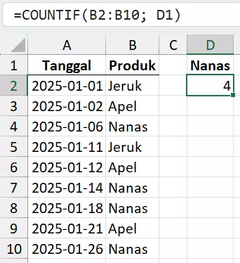 Menghitung frekuensi penjualan produk dengan COUNTIF.
