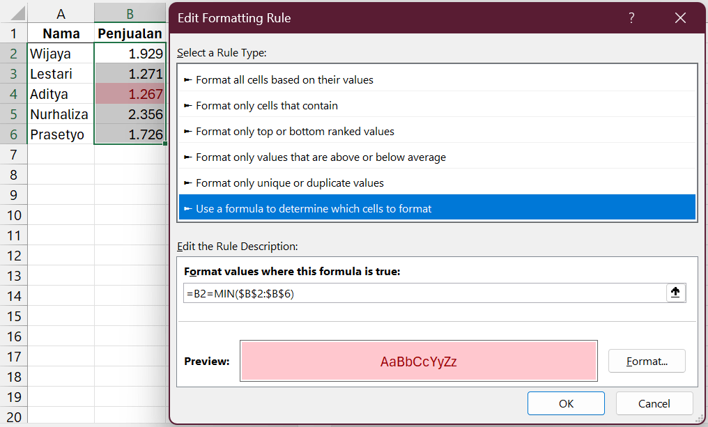 Menandai nilai terendah dengan conditional formatting.