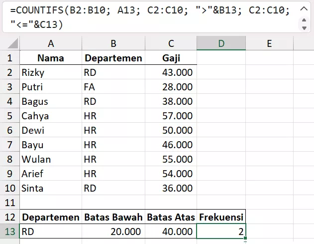 COUNTIFS dengan tiga kriteria atau lebih