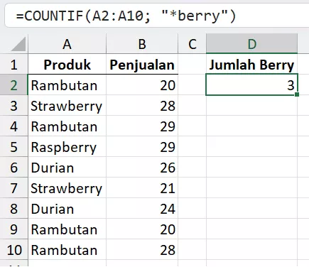 Rumus COUNTIF dengan wildcard.
